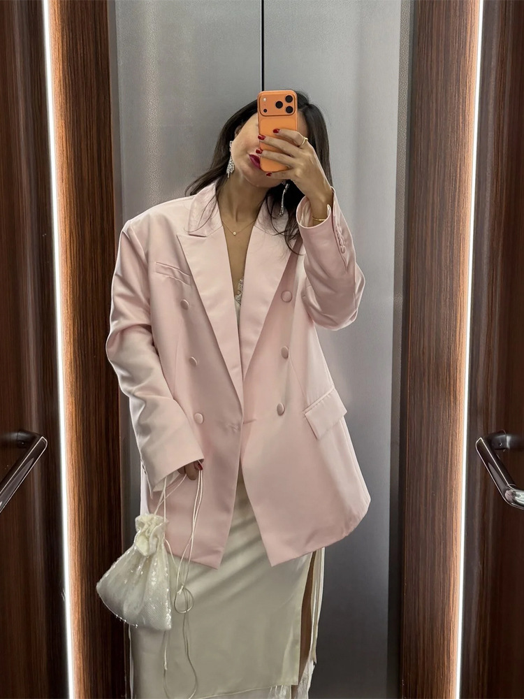 Saco Blazer de Satén con Solapa para Mujer Poliéster para Oficina y Eventos