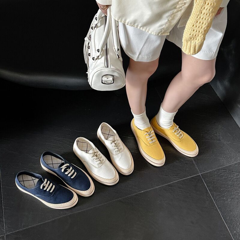Korean Dark Blue Slip-On Canvas Shoes for Women 2026 Summer Thick-Soled Versatile Lace-Up 2-Way Casual Sneakers