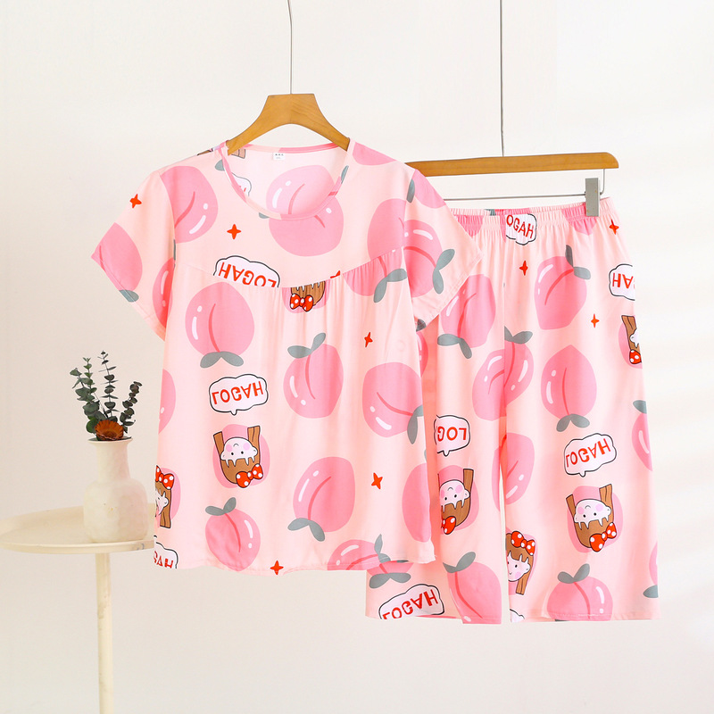 Summer Comfortable Cotton Silk Pajamas Women's Printed Short-sleeved Shorts Two-piece Set Mother's Casual Home Clothes for Women