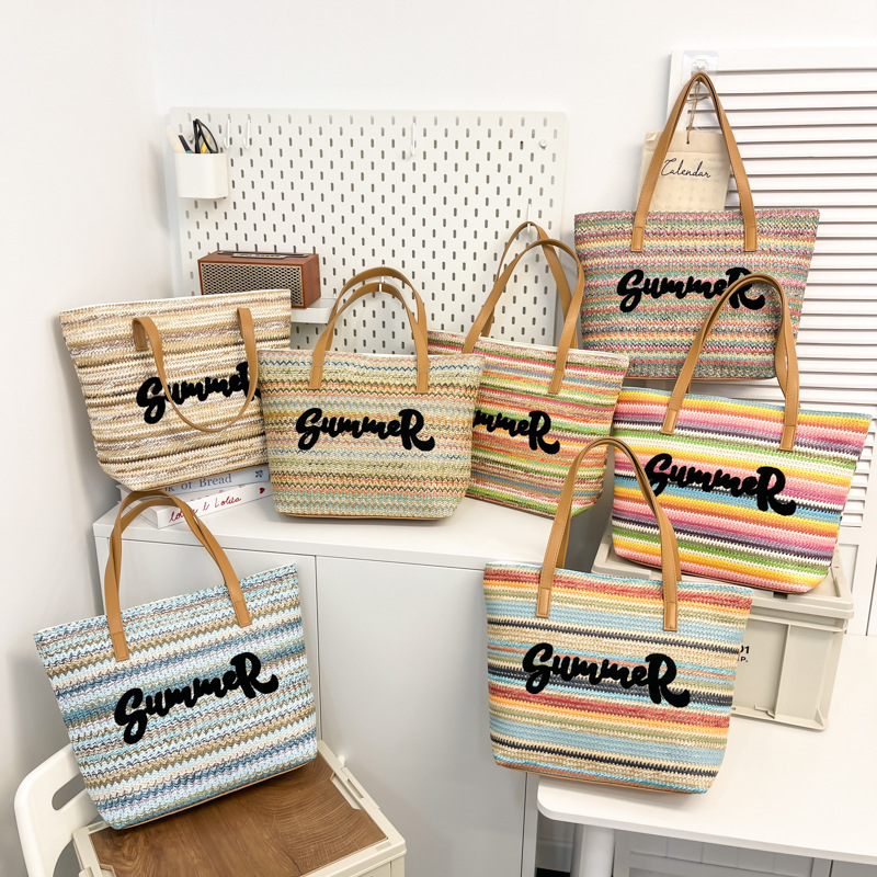 刺绣花字母绣编织包民族风沙滩包马卡龙色草编包女包大容量手提包