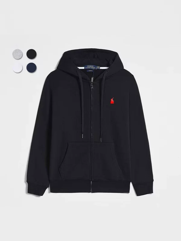 Demi-season fleece hoodie, men's zip cardigan with embroidered pony, casual fit, sizes S–XXXL