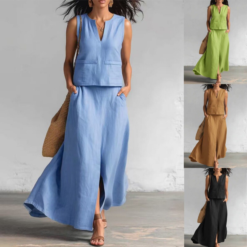 2026 European and American Cross-Border New Style Sleeveless Solid Color Cotton and Linen V-Neck Sleeveless Top Casual Side Pocket Skirt Set 2026 European and American Cross-Border New Style Sleeveless Solid Color Cotton and Linen V-Neck Sleeveless Top Casual Side Pocket Skirt Set