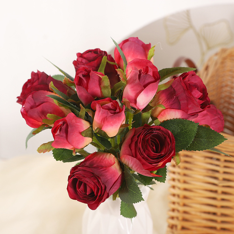 12 head scorched edge rose artificial flower fake flower ins vintage silk cloth holding flowers wedding atmosphere studio props