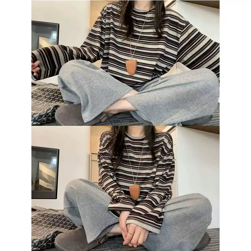 韩版复古条纹长袖T恤女秋季2025新款慵懒风宽松圆领百搭打底上衣