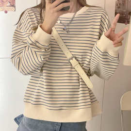 信屿 卫衣女春秋新款韩版宽松设计感条纹上衣圆领套头长袖T恤外贸