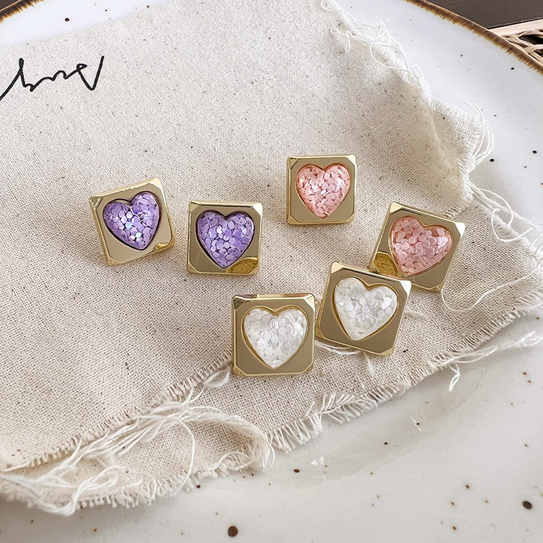 Retro girl transparent cute color sequins heart shaped square sweet alloy earringspicture2