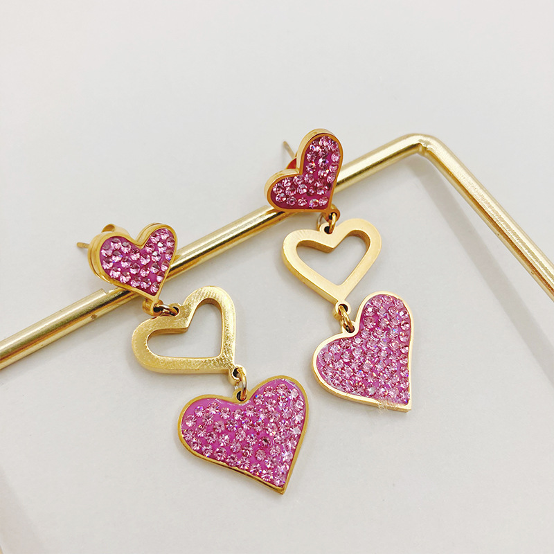 Retro Heart Shape Stainless Steel Inlay Zircon Drop Earrings 1 Pair
