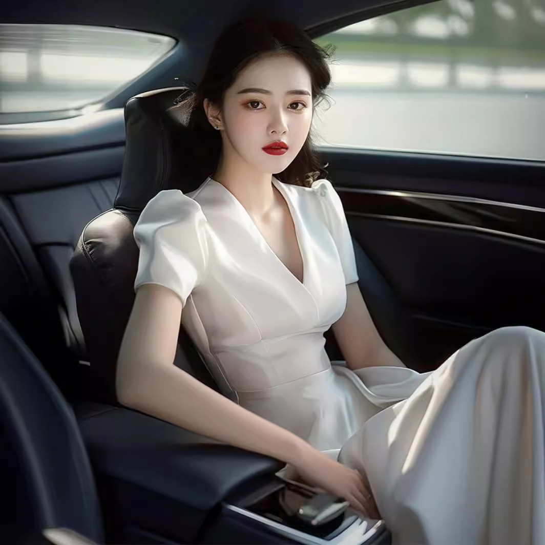 Váy liền cổ chữ V trắng kiểu Pháp sang trọng, thanh lịch — màu trắng