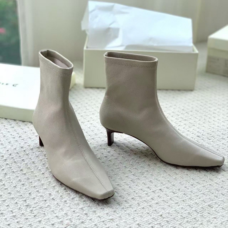 小众工厂货源真皮中跟瘦瘦短靴粗跟方头白色弹力靴子女靴百搭单靴|undefined