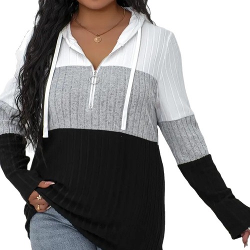 2025 European and American Women's Fashion Striped Half-Zip Drawstring Oversized Hooded Sweatshirt Outerwear
