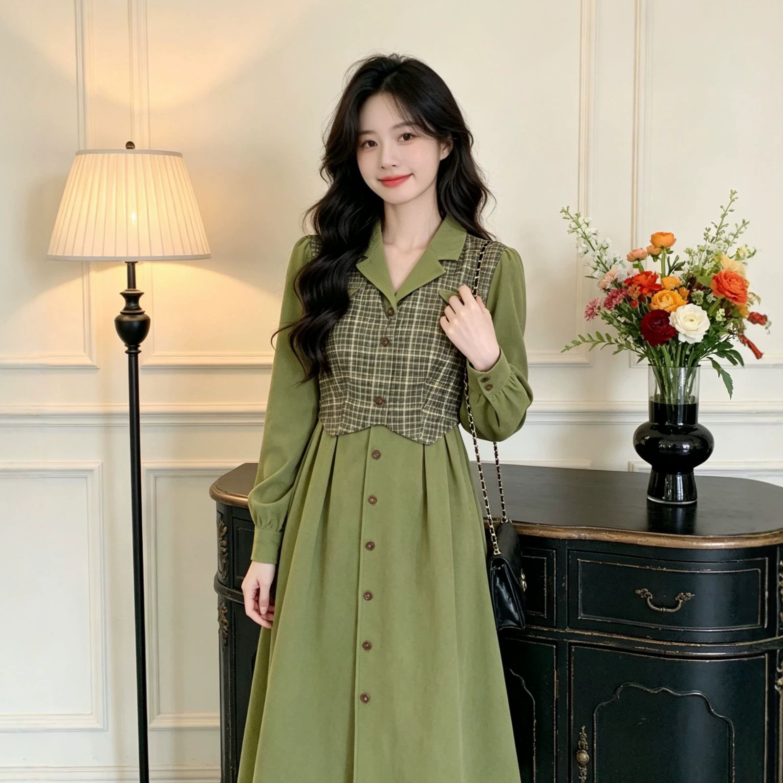 Plus Size French Style Long Skirt Women's Autumn and Winter New Fat Waist Slimming Look Fake Two-Piece Plaid Dress
