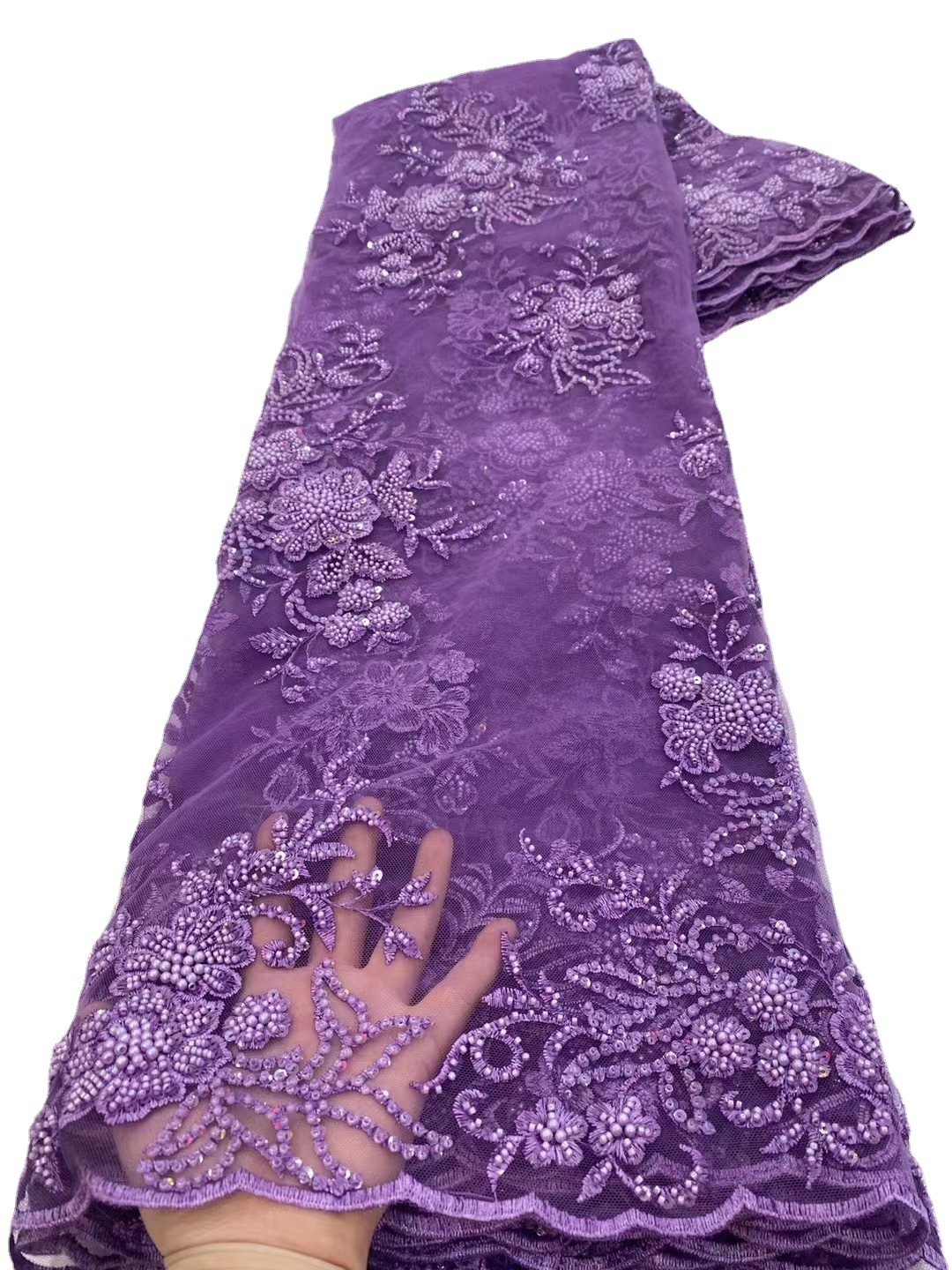 Tela de encaje bordado tridimensional posicionamiento de la flor tela de bordado de lentejuelas flor hecha a mano tubo de cuentas bordado de tela de malla JX3481