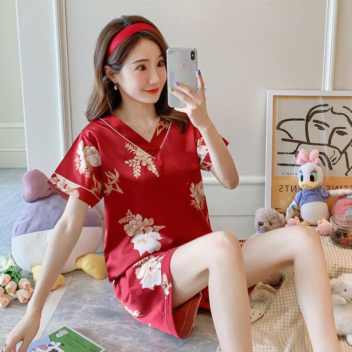 Venta al por mayor transfronteriza de pijamas de M-4XL de gran tamaño para mujer, seda de hielo de verano, manga corta, versión coreana de seda de imitación, cuello en V fino, ropa de hogar suelta