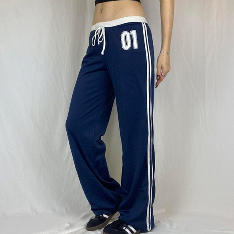 Lässige, gestreifte Hosen mit Straßenaufdruck für Damen im neuen Stil 2024 mit kontrastierenden, lockeren Schnürsenkeln und vielseitigen Hosen_voghion.com