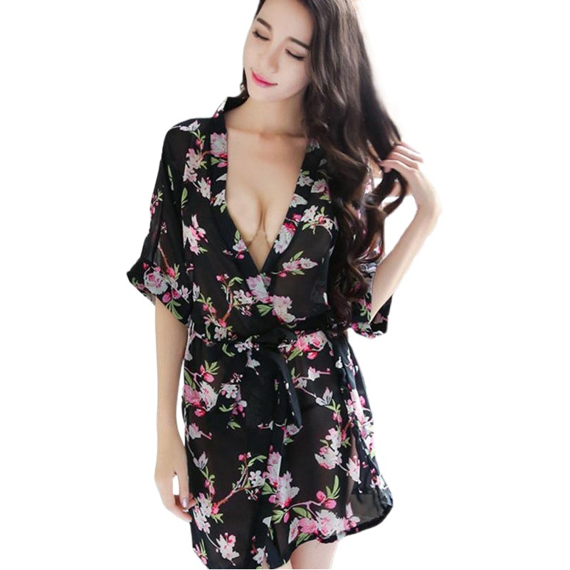 Lencería sexy uniforme europeo y americano traje de tentación bata de baño de gasa pijamas transparentes camisón kimono entrega de una pieza