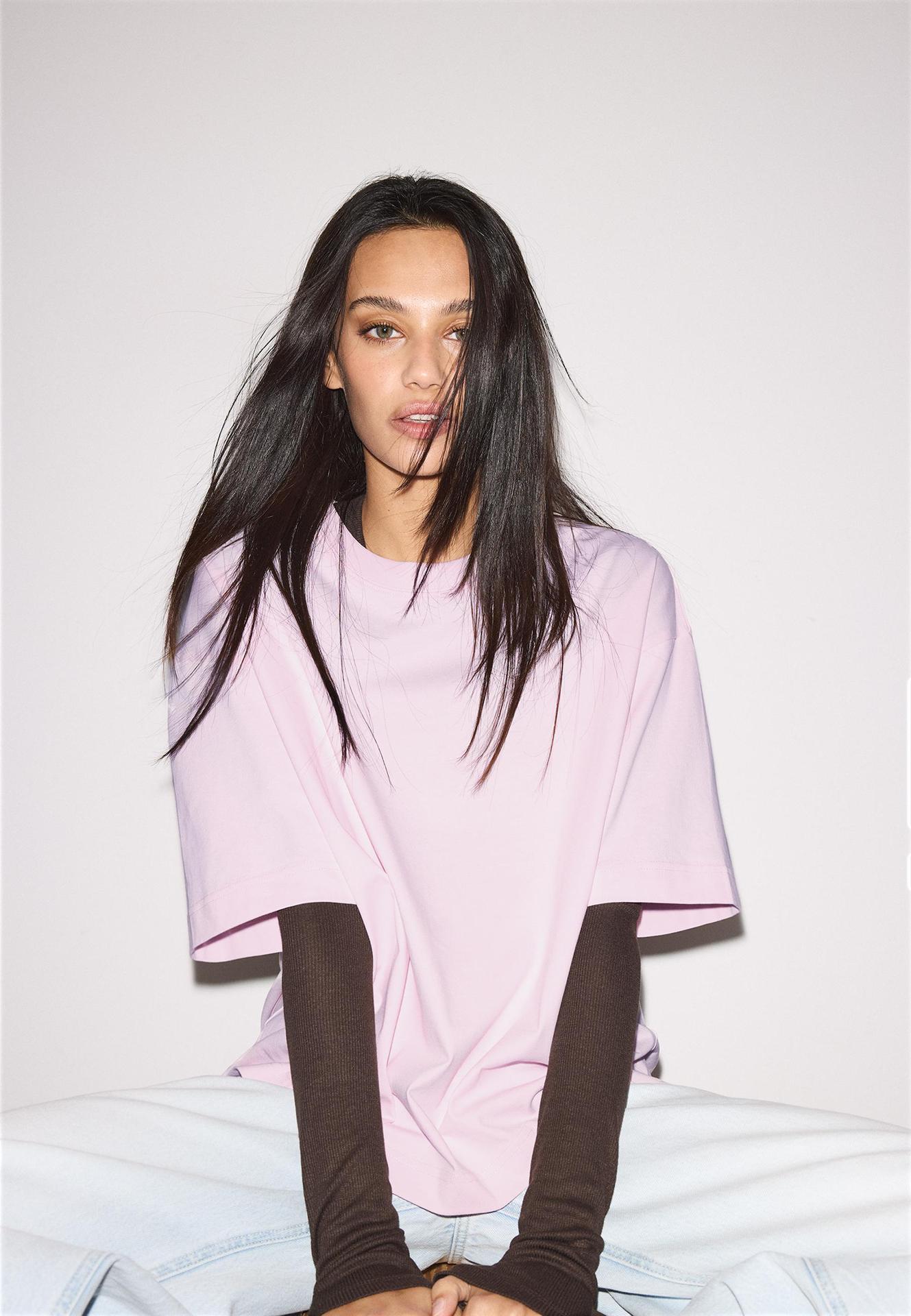 2026 verano nueva ropa de mujer de algodón de manga corta larga larga casual comercio exterior transfronterizo caída de hombro camiseta transpirable de color sólido