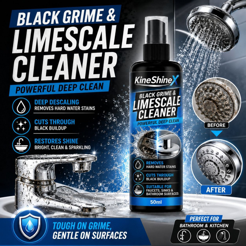 KineShineX black scale and water stain cleaner powerfully removes stubborn water stains, black marks, and soap scum KineShineX black scale and water stain cleaner powerfully removes stubborn water stains, black marks, and soap scum