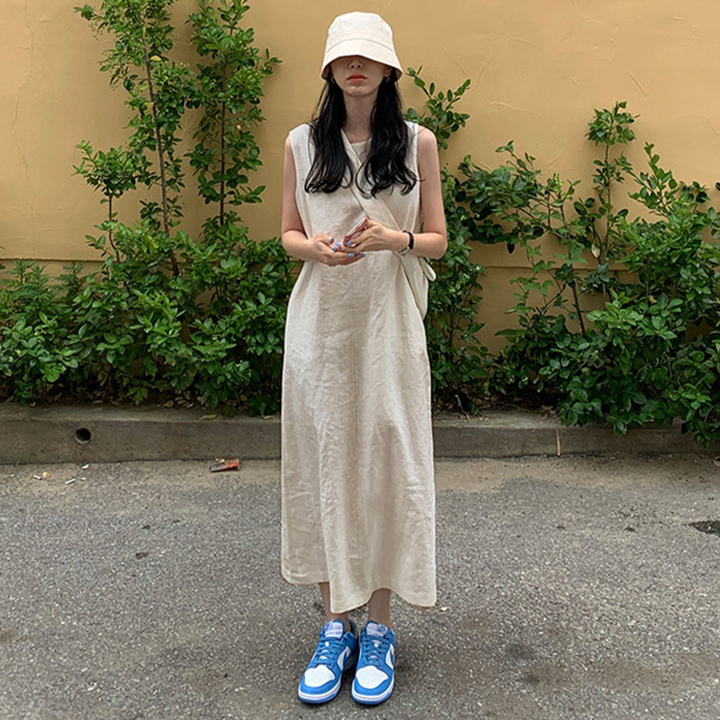 【Clearance Bargain】Japanese Style Tank Dress Women's Sleeveless Round Neck Straight Dress Casual Cotton Linen Mid-Length Dress