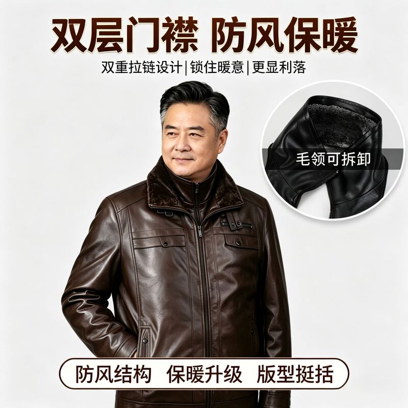 Middle-aged and elderly men's leather jacket with double-layer zipper, windproof, warm, detachable fur collar, suitable for outdoor casual wear Middle-aged and elderly men's leather jacket with double-layer zipper, windproof, warm, detachable fur collar, suitable for outdoor casual wear