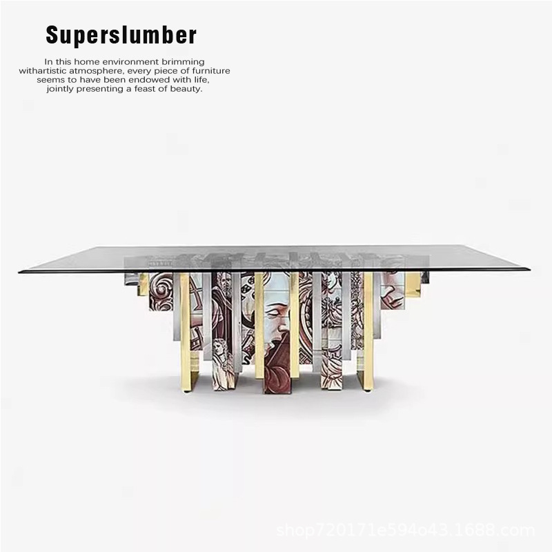 Light Luxury Dining Table for Home High-End Designer Villa Restaurant Art Hand-Painted Solid Wood Glass Rectangular Dining Table