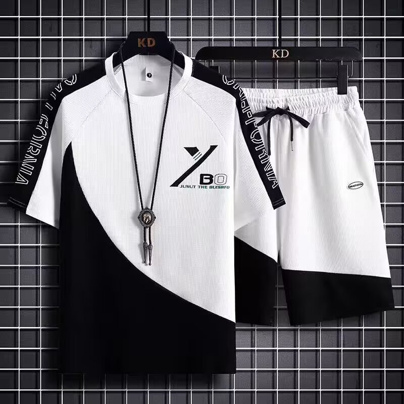 Summer Plus Size Men's Suit Set 2026 New Trendy Short-Sleeve T-Shirt Thin Breathable Waffle Casual Two-Piece Set