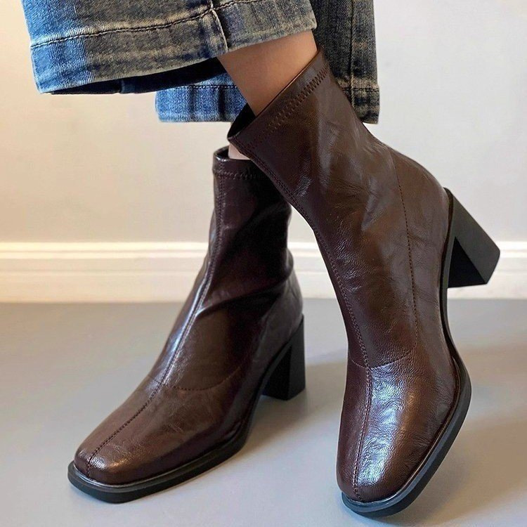 Boots Women's French Super Soft Leather Thick Heel 2025 Autumn and Winter Fleece-Lined Retro Square Toe High Heel Elastic Slim Short Boots