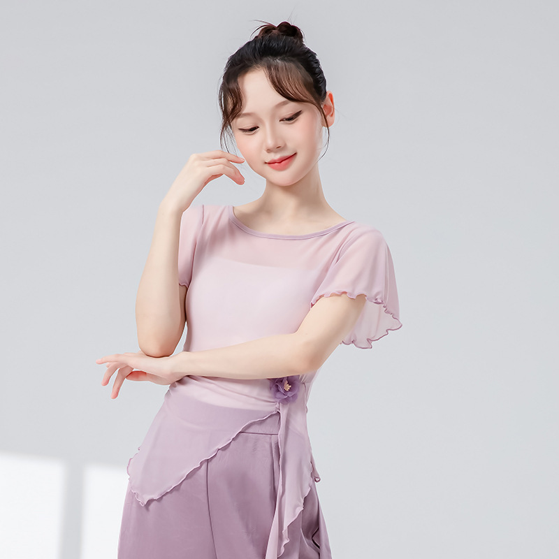 古典舞蹈服女新款钉花飘带修身短袖网纱花朵上衣飘逸演出练功服装|undefined