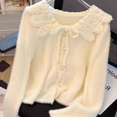 法式钩花娃娃领仿水貂绒软糯毛衣女秋冬新款温柔气质短款针织开衫