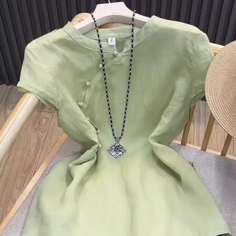 Summer Style Solid Color New Chinese-Style Diagonal Collar National Style Artistic Versatile Short-Sleeve Top Thin Women's Summer Top Traditional Chinese Style Top