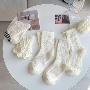 Beige JK Mid-length Socks for Children Spring and Summer Thin Cute All-match Solid Color Simple College-style Breathable Girl's Llace Socks