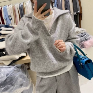 法式温柔风复古软糯羊毛针织毛衣女秋冬宽松慵懒风翻领休闲上衣