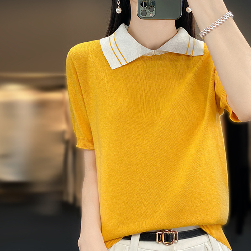 Women's collar POLO pure cotton knitted full-sleeved shirt loose new style shirt T-shirt line lapel pullover cotton thread T-shirt doll