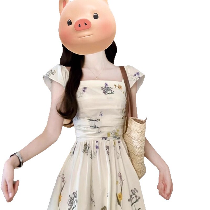 2025 新しい甘い女の子の小さなフライングスリーブ花柄スクエアネックドレス夏のハイウエスト痩身海辺休暇気質ロングドレス|undefined