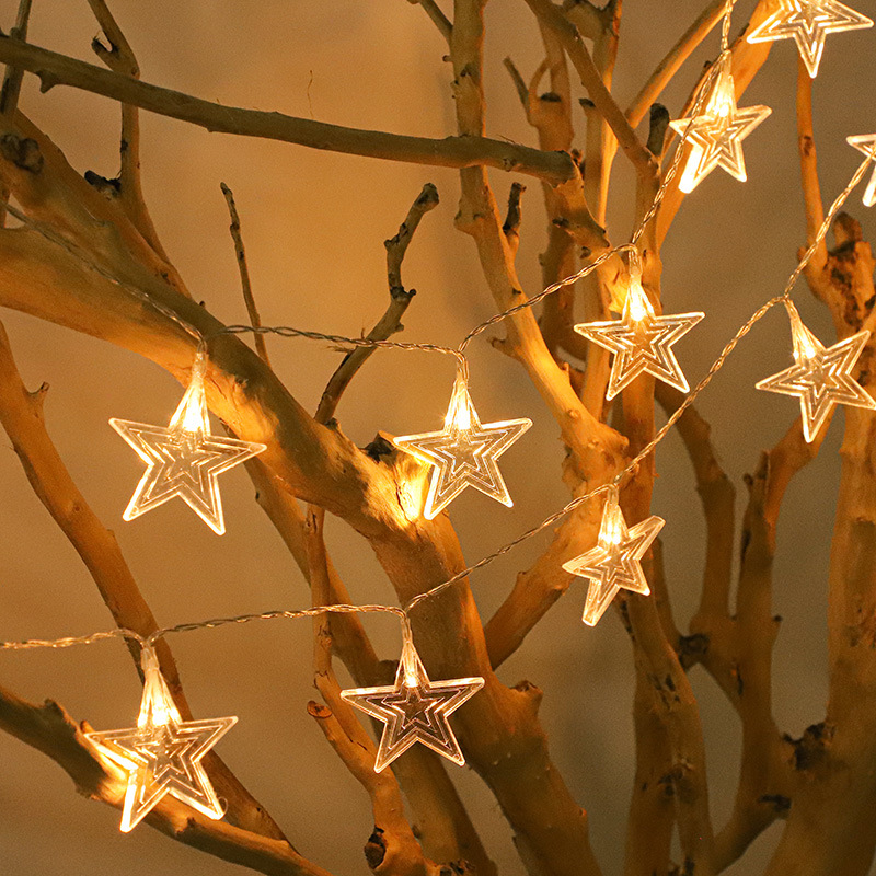 跨境led满天星灯串节日装饰五角星氛围灯红白蓝电池独立日彩灯