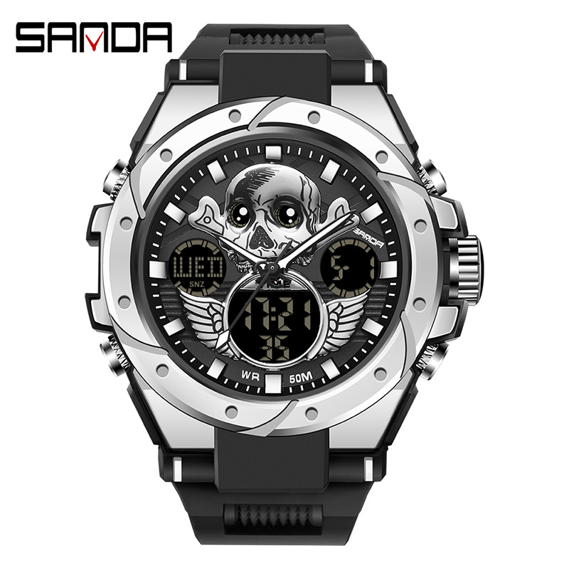 Sanda 6087 reloj electrónico multifunción luminoso impermeable fresco cráneo alas hombres reloj de moda