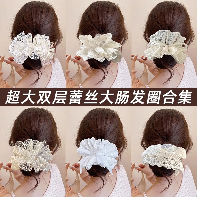 Serie de lazo para el cabello de intestino grueso de encaje blanco, cuerda para la cabeza de alta calidad de primavera y verano de gran tamaño, bola en la parte posterior de la cabeza, tocado de cuerda para el cabello