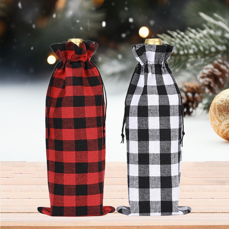Bolsillo de vinos de Navidad Plaid Set bolsillo de vinos de Navidad bolsillo de algodón bolsillo de botella de vino en stock