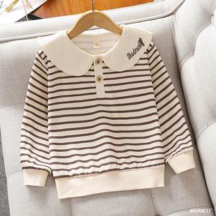 Girls' Sweat Spring and Autumn 2024 New Children's Spring Clothes Girl's Stylike Doll Collar Striped Top Big Children's Clothes