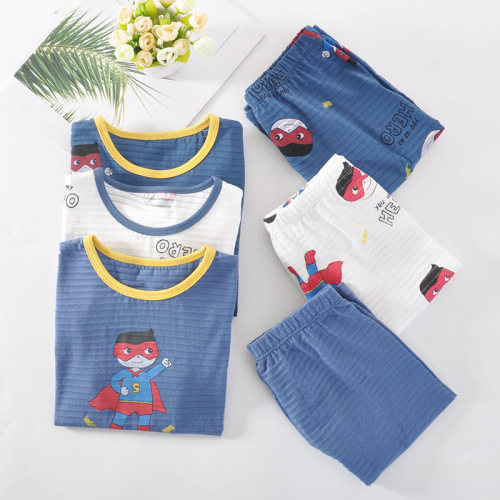 new children's short-sleeved suit bamboo cotton breathable sweat-absorbent boys and girls home clothes suit baby pajamas