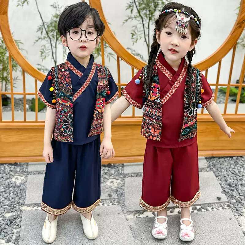 酷贝龙童装男女同款汉服民族风服饰表演服贵彝风情上衣裤子两件套
