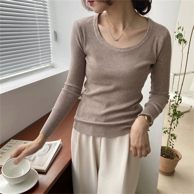Шея с пуловером, свитер женский 2023 осень и зима Новый тонкий темпераментный Вязаный топ с длинными рукавами и низким воротником