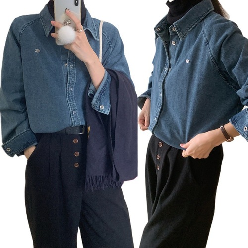 Korean style autumn and winter versatile casual loose single-breasted lapel thickened velvet lining washed denim long-sleeved shirt for women