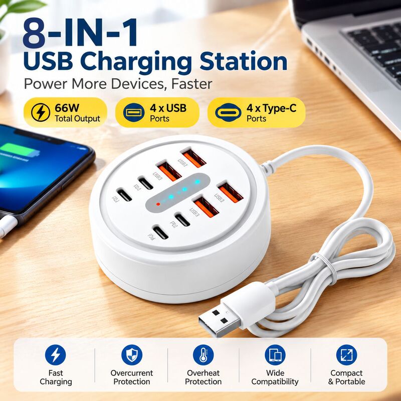 Mini portable USB converter docking station, with LED display, fast charging, multiple ports, and a Type-C 8-in-1 design Mini portable USB converter docking station, with LED display, fast charging, multiple ports, and a Type-C 8-in-1 design