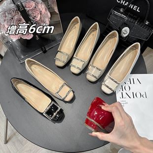 Elegant Patent Leather Shallow High Heels for Women, Slimming Versatile Chunky Heel Square Buckle Pumps