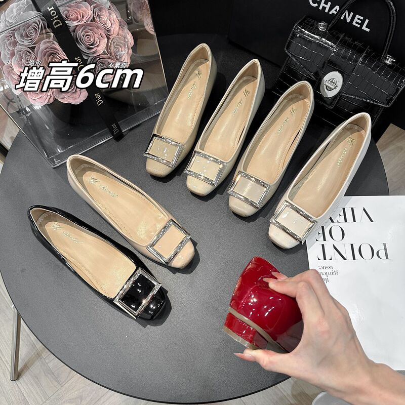 Elegant Patent Leather Shallow High Heels for Women, Slimming Versatile Chunky Heel Square Buckle Pumps Elegant Patent Leather Shallow High Heels for Women, Slimming Versatile Chunky Heel Square Buckle Pumps