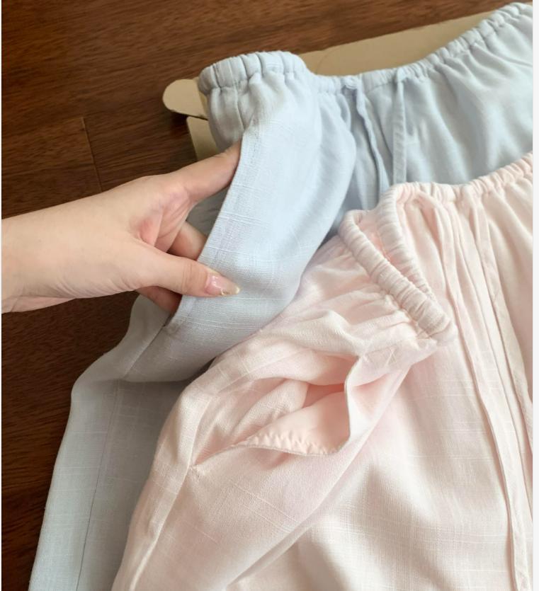 Quần culottes nữ ống rộng chất liệu linen phong cách lão tiền — xanh lam, màu hồng, màu trắng chi tiết 7