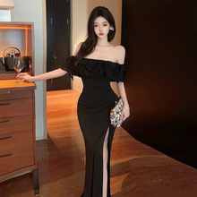 28361欧美东南亚外贸批发2025女装法式性感一字肩开叉修身连衣裙
