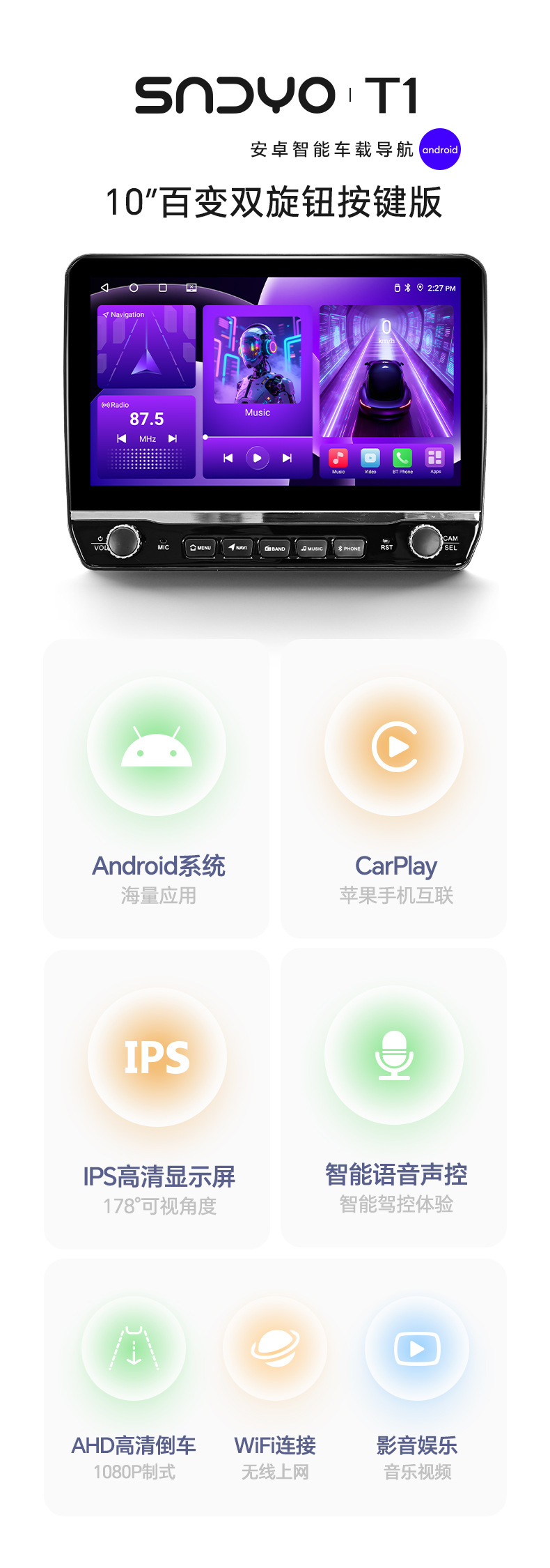 Shenyou 10inch Gps Car Multimedia Navigation Dual-Knob Button Central Control Large Screen All-In-One Device Wireless Carplay