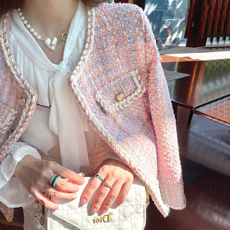 High-End Chanel-Style 2025 Pink Tweed Woven Short Jacket for Women, Autumn and Winter Heavy Craftsmanship, Fashionable Round-Neck Cardigan for Women