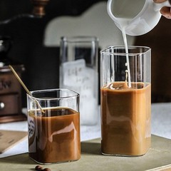 インガラス正方形高ホウケイ酸ガラスミルクティードリンクカップシンプルなコーヒージュースドリンク単層プリントロゴ